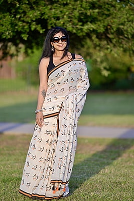 Ivory color Penguin hand Block printed saree