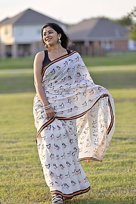 Ivory color Penguin hand Block printed saree