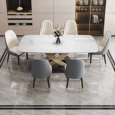 Vikinterio Stainless Steel Base with Marble Top Six Seater Dining Table Set Vikinterio Stainless Steel Base with Marble Top Six Seater Dining Table Set