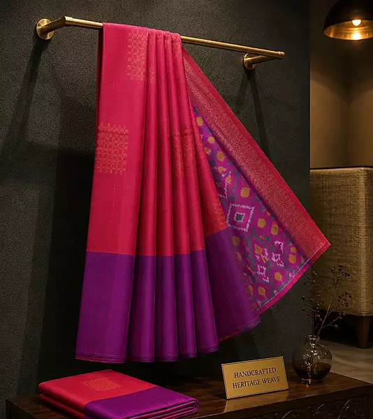 Magenta Ikat Silk Saree with Gold Zari Border & butta with ikat blouse