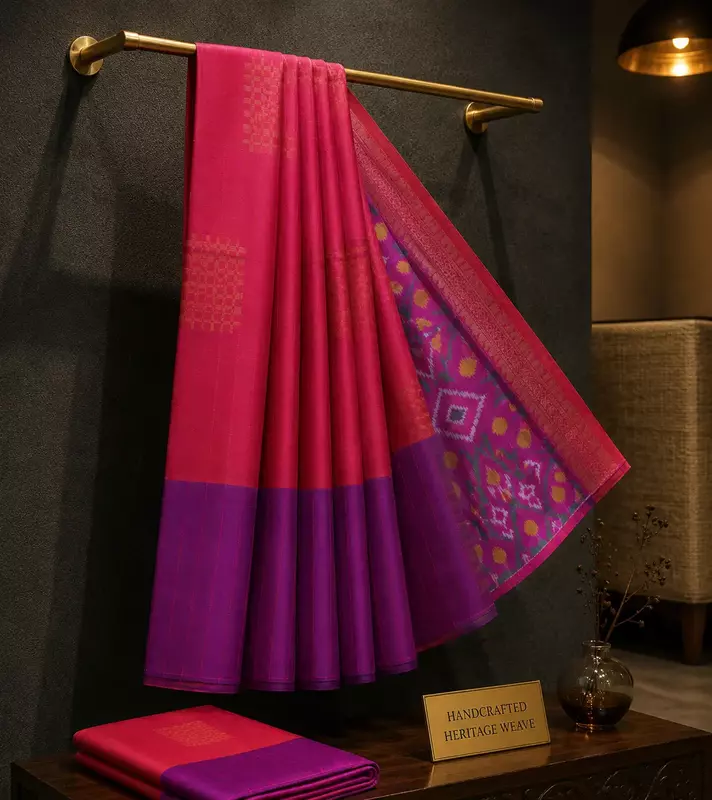 Magenta Ikat Silk Saree with Gold Zari Border & butta with ikat blouse