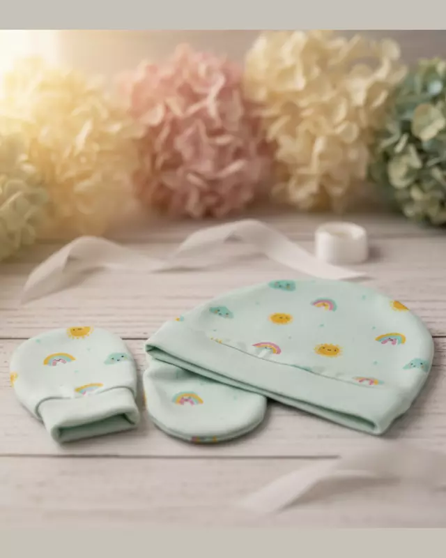 LittleToons Baby Essentials 3-Piece Set – Soft Cotton Cap, Mittens & Booties for Newborns (0–3 Months)