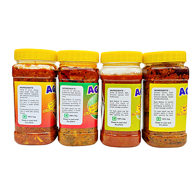 AGRAWAL'S Spicy Delight Combo - Mixed, Mango, Lemon, Jhaldar Green Chilli Pickle - 1750 GMS Pack of 4