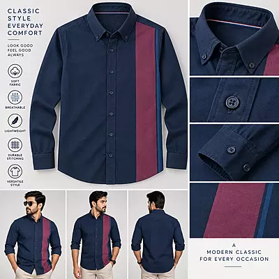 MM Men’s Navy Blue & Maroon Striped Casual Shirt