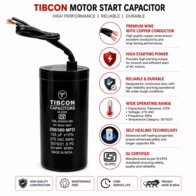 Tibcon 135 (250-300) MFD Motor Starting Capacitor | 275V | Aluminium | Starting