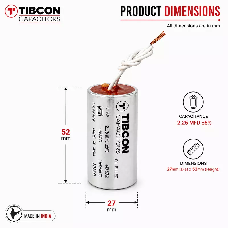 Tibcon 2.25 MFD Fan Capacitor | 440V | Oil Filled | Wire Type
