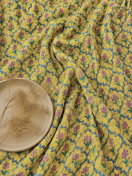 Cotton Yellow Buta Block Print