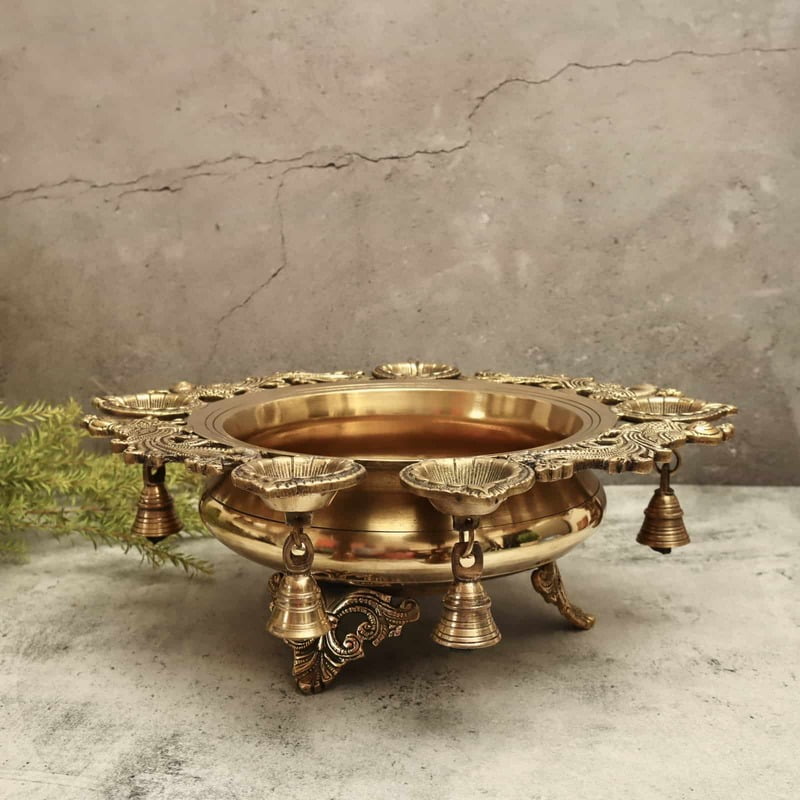 Brass Peacock Five Diya Urli Decorative Bowl - 5 inch Height | Brass Urli Decorative Bowl with Peacock Design and Five Diyas for Festive Illumination