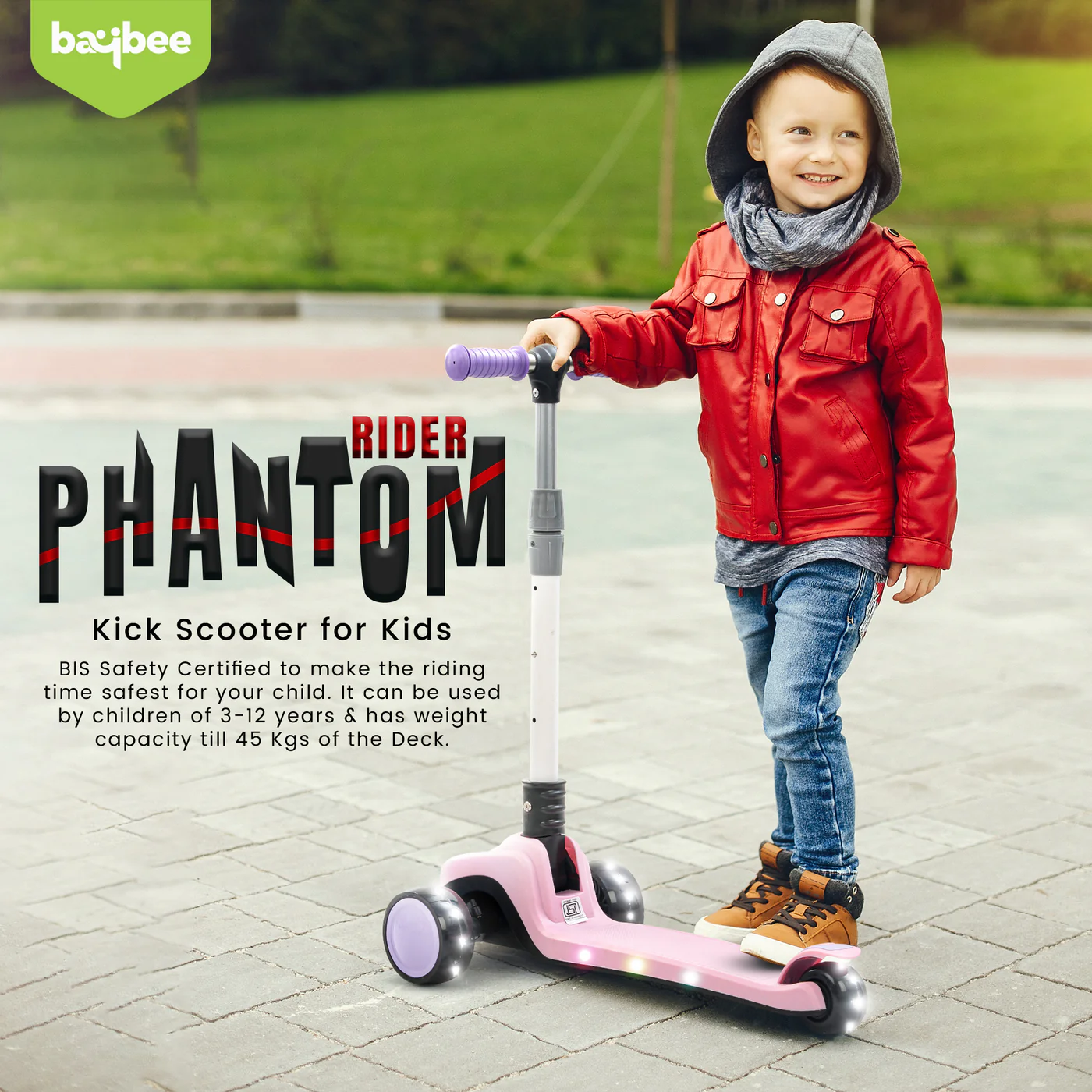 Baybee Phantom Skate Scooter for Kids, Foaldble 3 Wheel Kids Scooter with 3 Height Adjustable- Pink