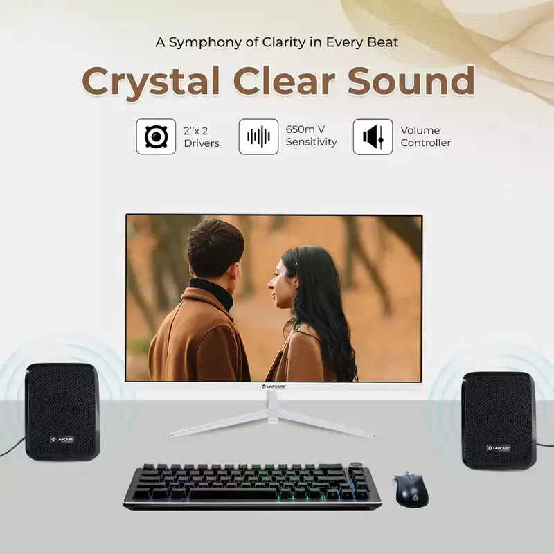 Lapcare LUS‑204 (Twinny 2 compact USB-powered speaker set delivering 5 W×2 stereo sound 3.5 mm AUX input, inline volume control distortion‑free output compatible with PCs