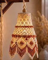 Ivory & Rust Macrame Pendant Lamp Shade with Floral Knotwork & Fringe