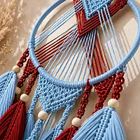 Sky Blue & Red Macrame Dreamcatcher Wall Hanging with Feather Drops