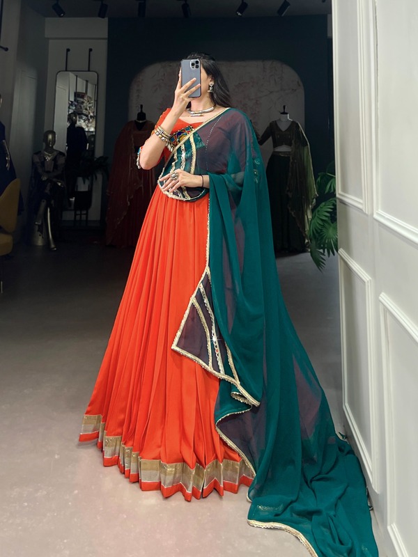 "Orange Mirror Work Lehenga Choli with Green Dupatta" D.B.38
