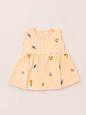 Alai Cotton Embroidered Baby Frock - Orange