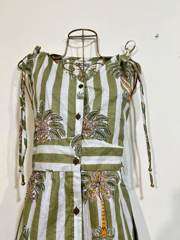 Leher's Sleeve-Less Fit & Flare Dress - White & Green Stripes with Palms