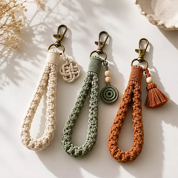 Macrame Wristlet Keychain — Ivory, Sage & Rust (Set of 3)