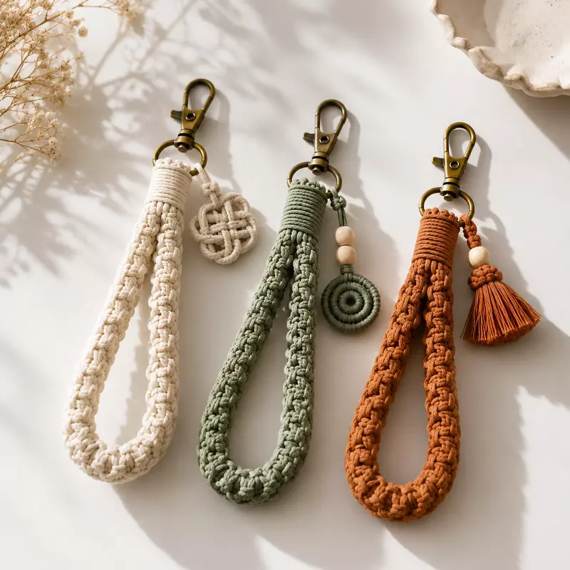Macrame Wristlet Keychain — Ivory, Sage & Rust (Set of 3)