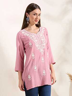 Solid Floral Chikankari Embroidered Straight Fit Kurti - Pink