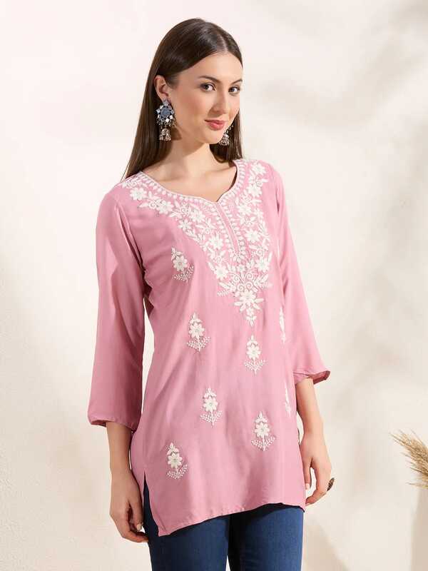 Solid Floral Chikankari Embroidered Straight Fit Kurti - Pink
