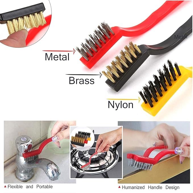 3-Piece Wire Brush Set (Nylon, Brass & Stainless Steel) for Rust, Grout & Stove Cleaning