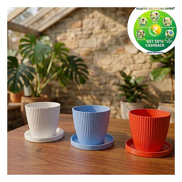 Bello Pot 7 Inch Ribbed Plastic Plant Pot with Tray