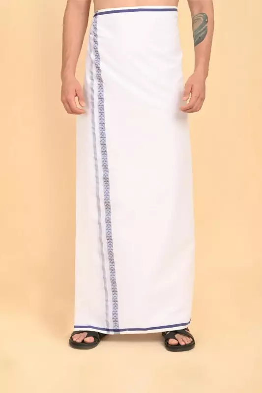 Men’s 100% Cotton Double-Layer White Veshti with Fancy Border-Sky Blue