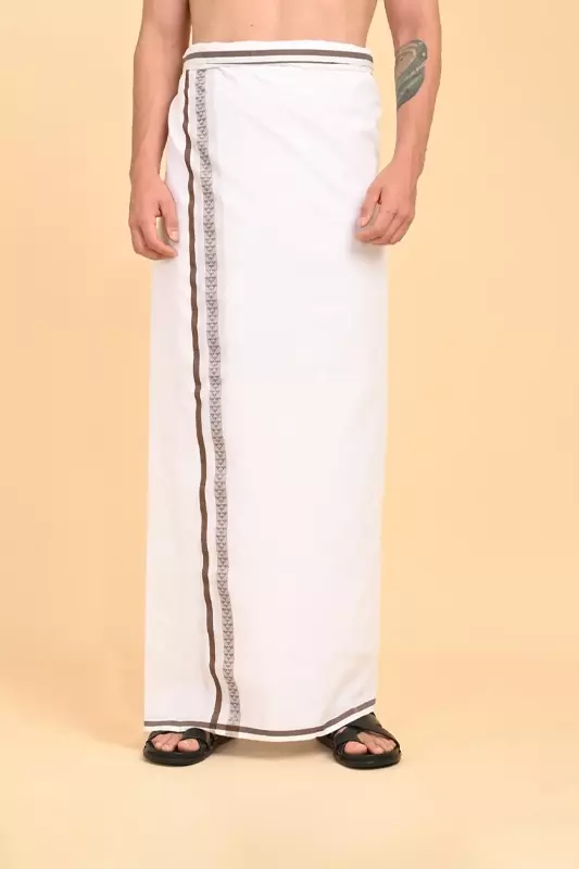 Men’s 100% Cotton Double-Layer White Veshti with Fancy Border-Brown