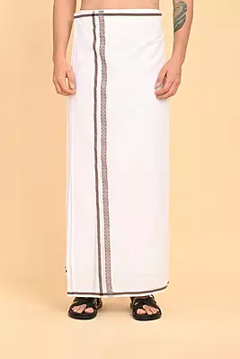 Men’s 100% Cotton Readymade Double-Layer White Veshti with Fancy Border-Brown/SS