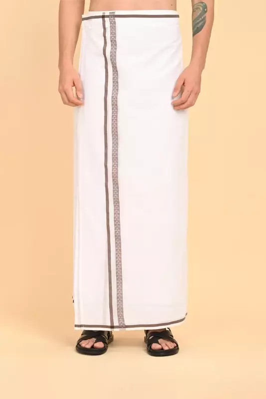 Men’s 100% Cotton Readymade Double-Layer White Veshti with Fancy Border-Brown/SS