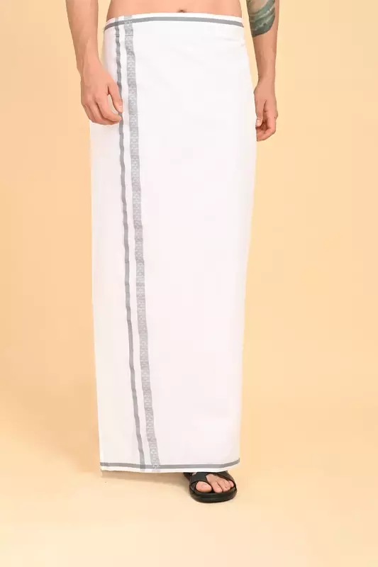 Men’s 100% Cotton Readymade Double-Layer White Veshti with Fancy Border-Grey/SS