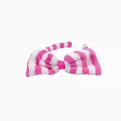 Bold Pink Striped Plush Bow Headband - Soft Spa Hair Band