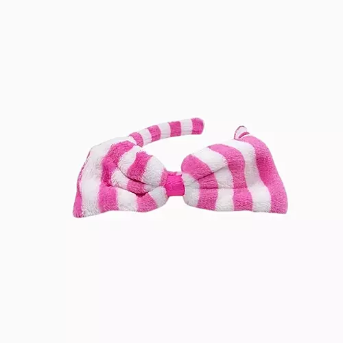 Bold Pink Striped Plush Bow Headband - Soft Spa Hair Band