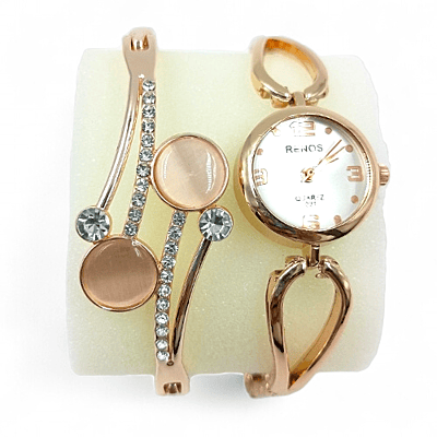 Rose Gold RENOS White Watch and Crystal Bangle Bracelet Gift Set