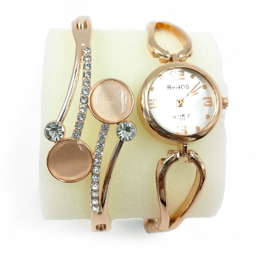 Rose Gold RENOS White Watch and Crystal Bangle Bracelet Gift Set