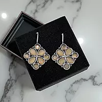 Elegant Peach Gemstone Earrings - Silver-Toned Floral Drop Earrings