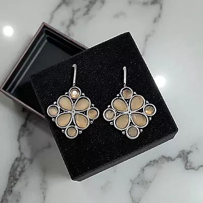 Elegant Peach Gemstone Earrings - Silver-Toned Floral Drop Earrings