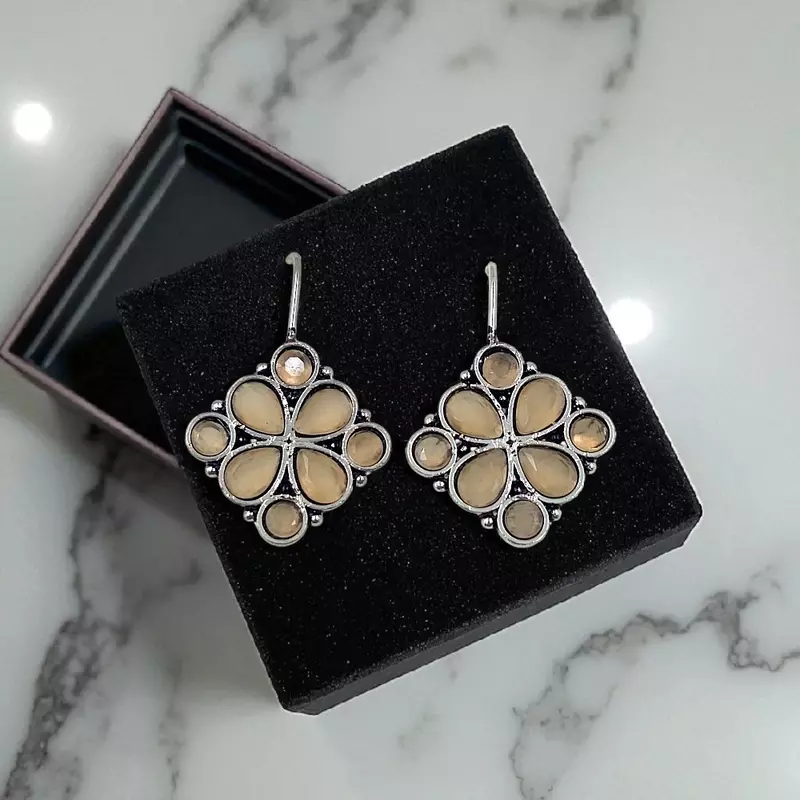 Elegant Peach Gemstone Earrings - Silver-Toned Floral Drop Earrings