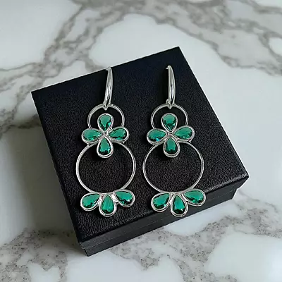 Emerald Green Floral Hoop Earrings - Silver-Toned Statement Dangle Earrings