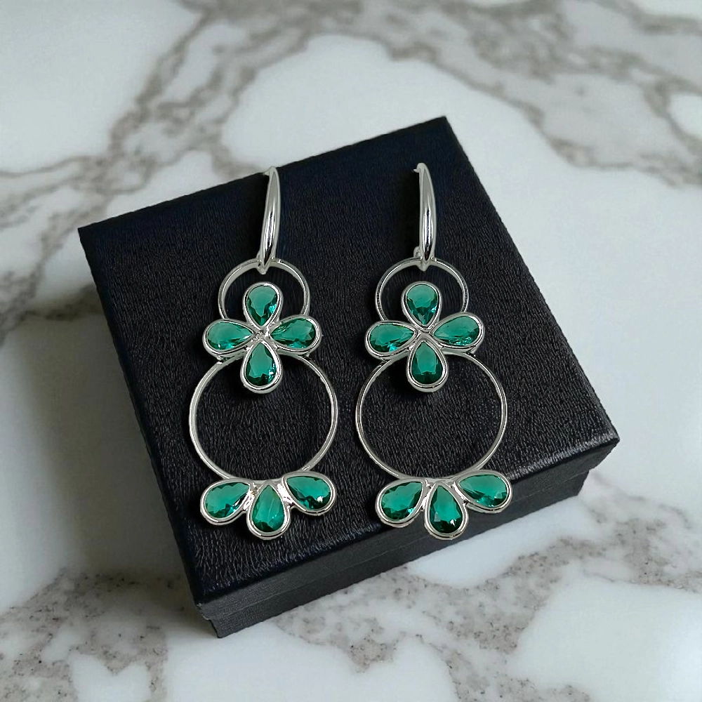Emerald Green Floral Hoop Earrings - Silver-Toned Statement Dangle Earrings