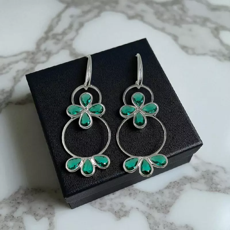 Emerald Green Floral Hoop Earrings - Silver-Toned Statement Dangle Earrings