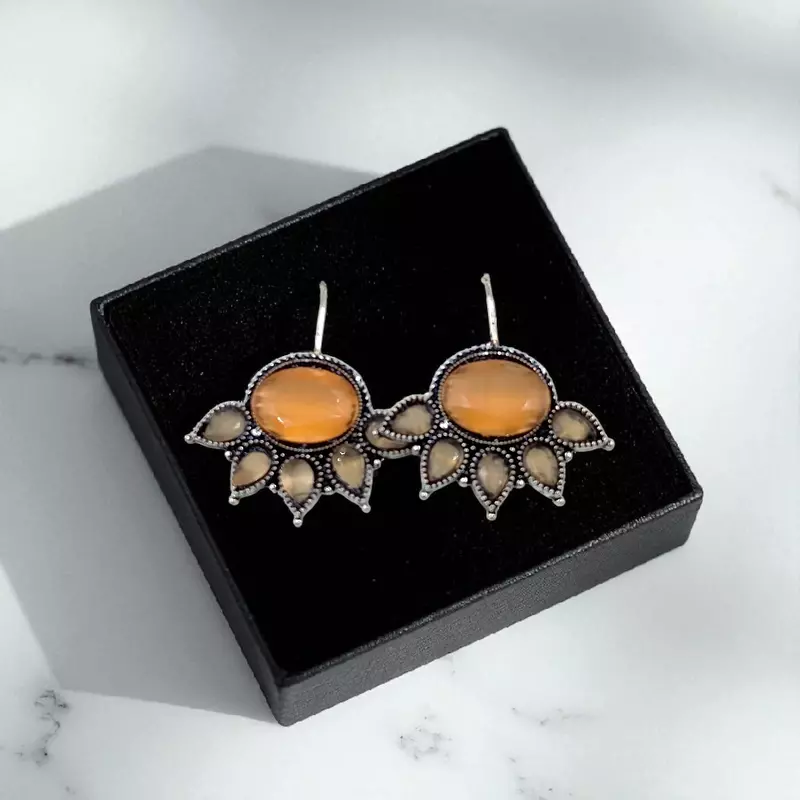 Elegant Silver Plated Drop Earrings with Amber & Smoky Quartz Stones
