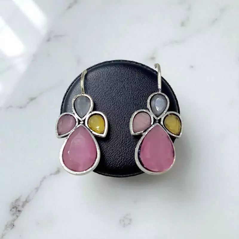 Pink Stone German Silver Dangle Drop Earrings