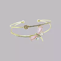 Elegant Pink Dragonfly Gold-Plated Double Cuff Bracelet with Zircon Stones