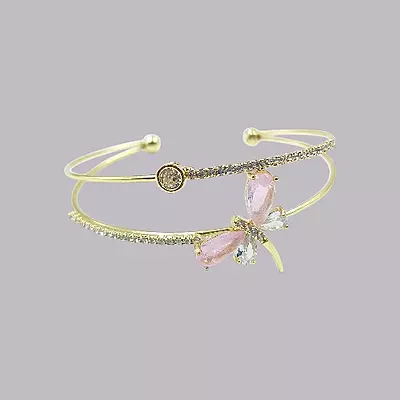 Elegant Pink Dragonfly Gold-Plated Double Cuff Bracelet with Zircon Stones