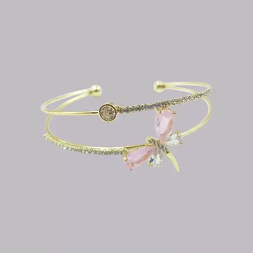 Elegant Pink Dragonfly Gold-Plated Double Cuff Bracelet with Zircon Stones