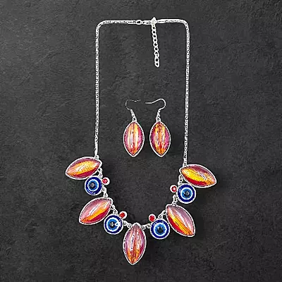 Protective Evil Eye Pendant Red Necklace - Dichroic Glass Good Luck Charm