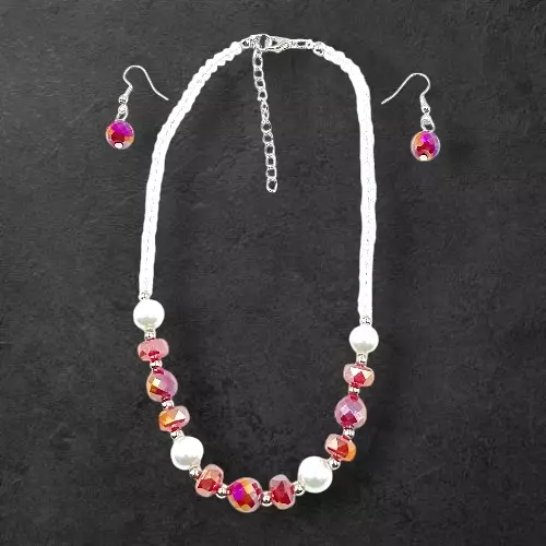 Berry Pink Bead & Pearl Necklace and Earring Set | Elegant Fashion Jewelry
