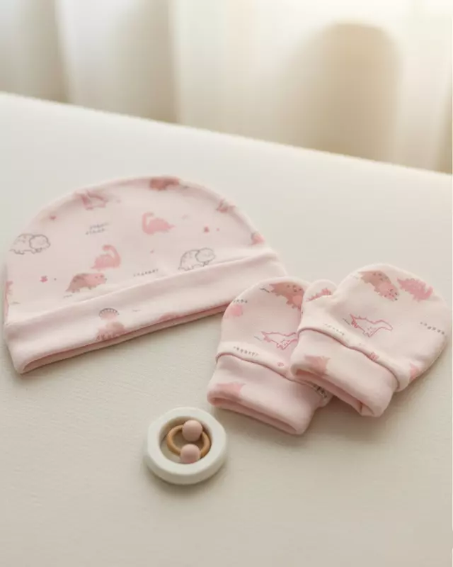 LittleToons Baby Essentials 3-Piece Set – Soft Cotton Cap, Mittens & Booties for Newborns (0–3 Months)