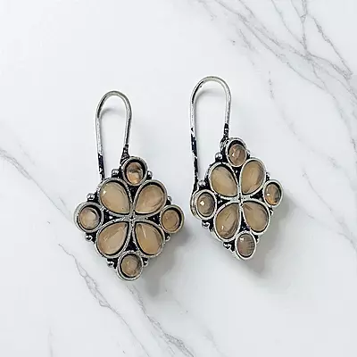 Elegant Peach Gemstone Earrings - Silver-Toned Floral Drop Earrings