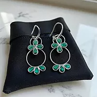 Emerald Green Floral Hoop Earrings - Silver-Toned Statement Dangle Earrings